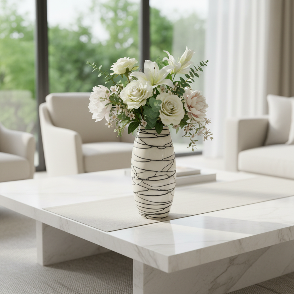White Scribble Line Art Vase lifestyle — white scribble line oval vase with all-white floral arrangement of roses, lilies, gerbera and eucalyptus on white marble coffee table in bright contemporary living room with floor-to-ceiling windows