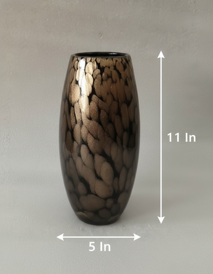 Smoke Gold Pebble Art Glass Vase with dimensions — 11 inch height and 5 inch width shown on light grey background, deep charcoal smoke glass with overlapping gold-bronze pebble pattern throughout barrel-oval silhouette