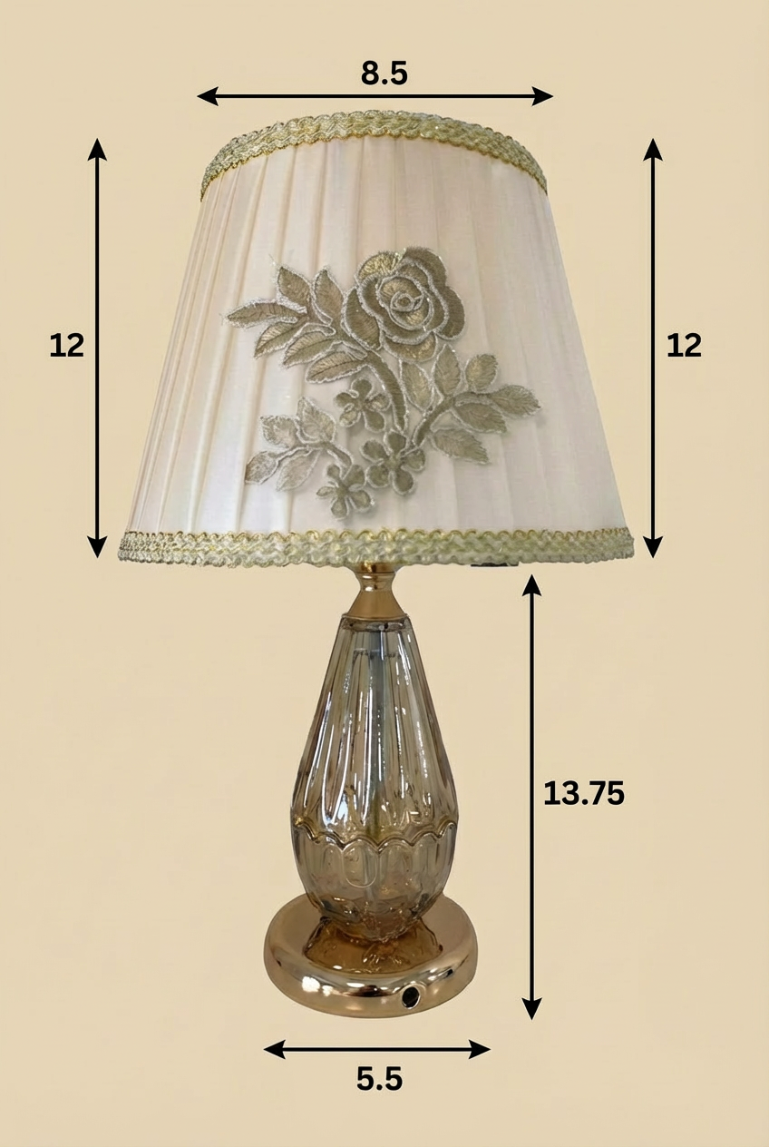 Rose Garden Crystal Table Lamp with dimensions — 25.75 inch total height, 12 inch shade, 13.75 inch base, 8.5 inch shade width and 5.5 inch base diameter shown on beige background with gold embroidered rose shade detail