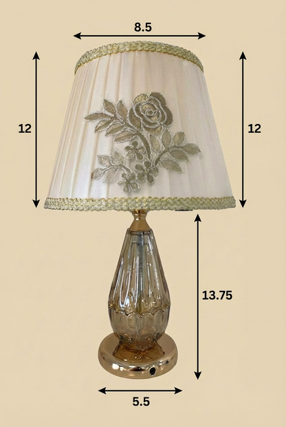 Rose Garden Crystal Table Lamp with dimensions — 25.75 inch total height, 12 inch shade, 13.75 inch base, 8.5 inch shade width and 5.5 inch base diameter shown on beige background with gold embroidered rose shade detail