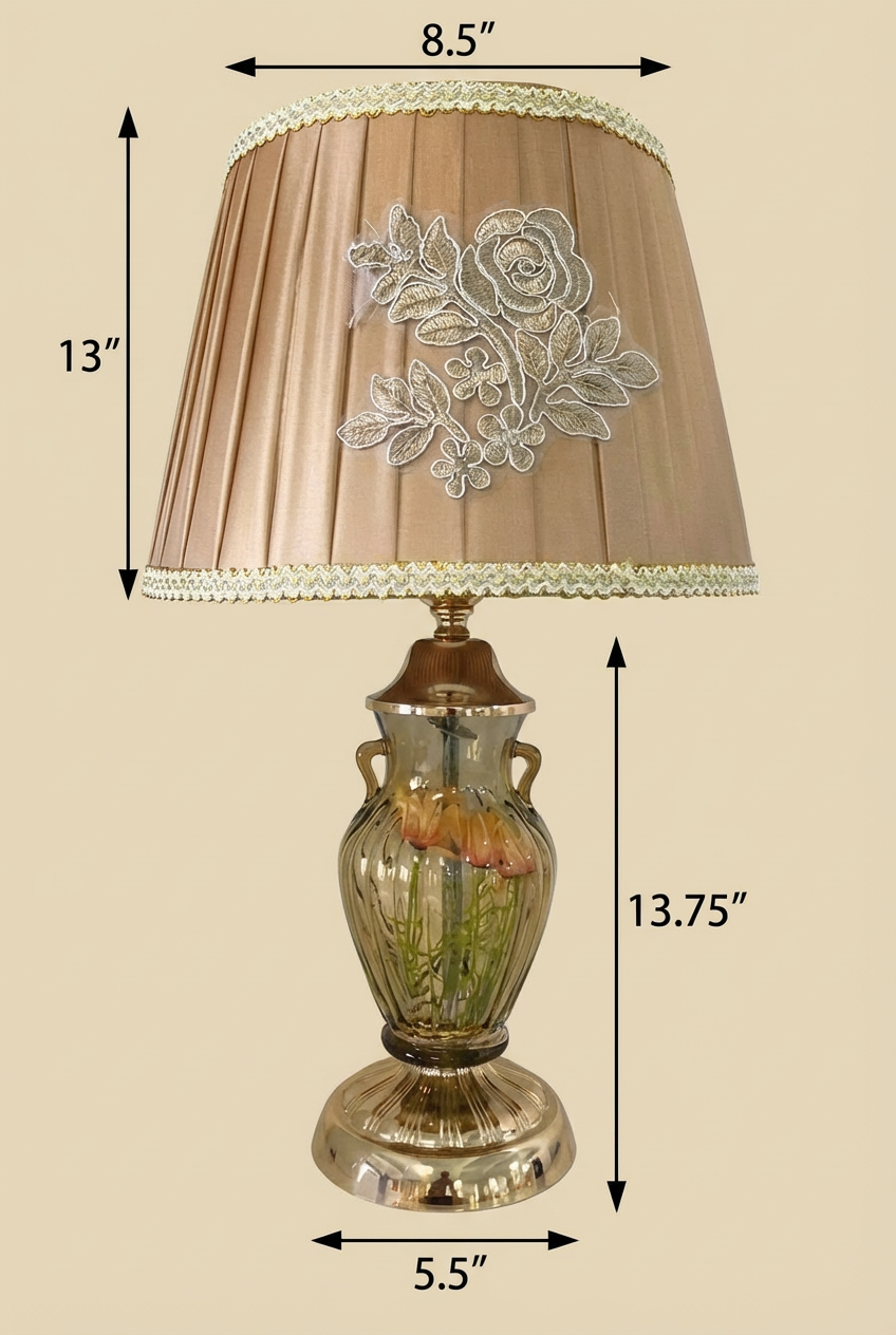 Antique Urn Rose Table Lamp with dimensions — 26.75 inch total height with 13 inch champagne embroidered rose shade and 13.75 inch smoky green floral glass urn body, 8.5 inch shade width and 5.5 inch base on beige background