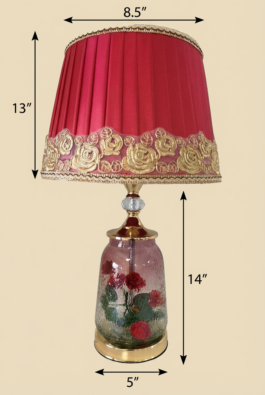 Crimson Rose Table Lamp with dimensions — 27 inch total height shown with 13 inch crimson embroidered shade and 14 inch hand-painted rose garden glass body, 8.5 inch shade width and 5 inch base on beige background