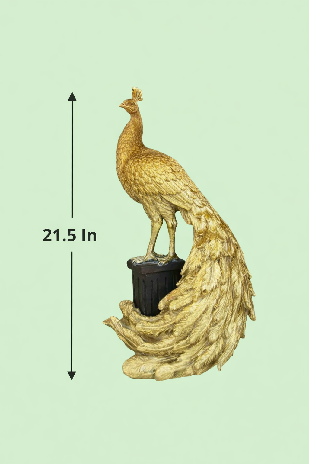 Royal Gold Peacock Figurine — 21.5 inch tall antique gold resin peacock sculpture with sweeping feather tail on dark pedestal, shown with height dimension on sage green background