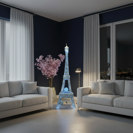 Crystal Eiffel Tower LED Floor Lamp lifestyle — brilliant blue-white crystal LED lattice centrepiece between two white sofas in dark navy luxury living room with pink cherry blossoms and city skyline at night