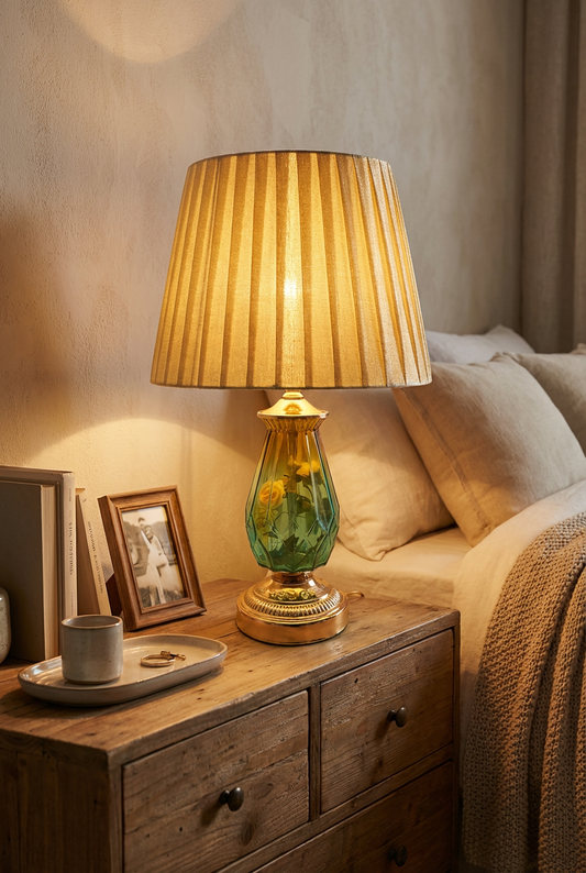 Emerald Crystal Table Lamp lifestyle — glowing warm emerald and gold light on wooden bedside nightstand beside framed photo and ceramic tray in cozy warm bedroom