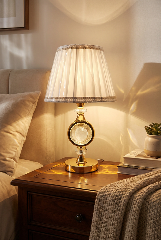 Crystal Apple Table Lamp lifestyle — warm golden glow on dark wood bedroom nightstand beside succulent plant and stacked books with cream linen headboard and soft warm wall light reflections
