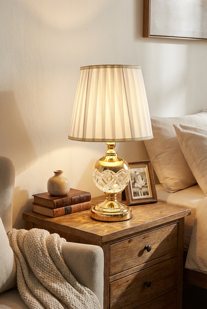 Gold Orb Crystal Table Lamp lifestyle — warm ivory honey glow on rustic oak bedroom nightstand beside stacked leather books and framed photograph with cream linen bedding and white wall background