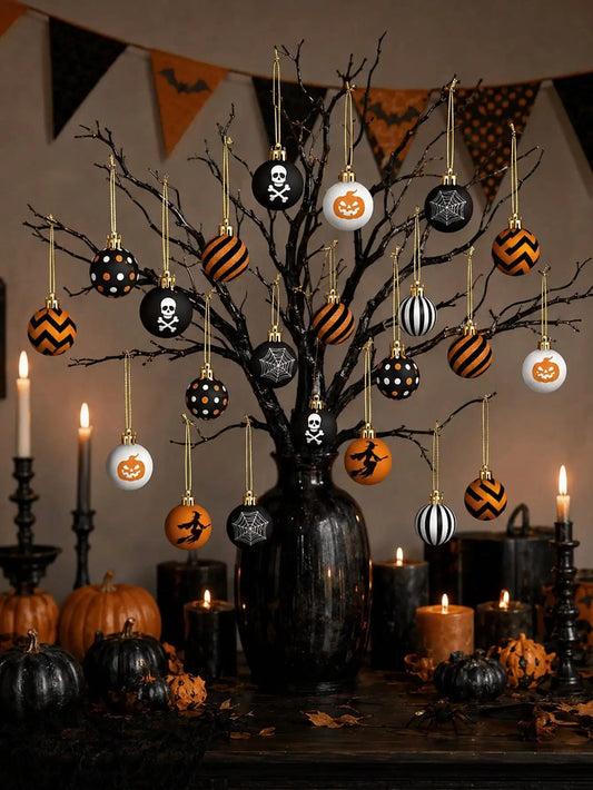 8/16Pcs Halloween Spooky Ball Ornaments, Gothic Pumpkin Witch Spider Web Skull Pattern Hanging Decorations, Indoor Outdoor Tree Ornament For Home Office Haunted House Halloween Party Decor