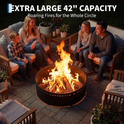 42in Smokeless Fire Pit Ring, Heavy Duty Steel Wood Burning Fire Pit Insert With Mesh Airflow For Patio, Backyard, Camping & DIY Pit Use