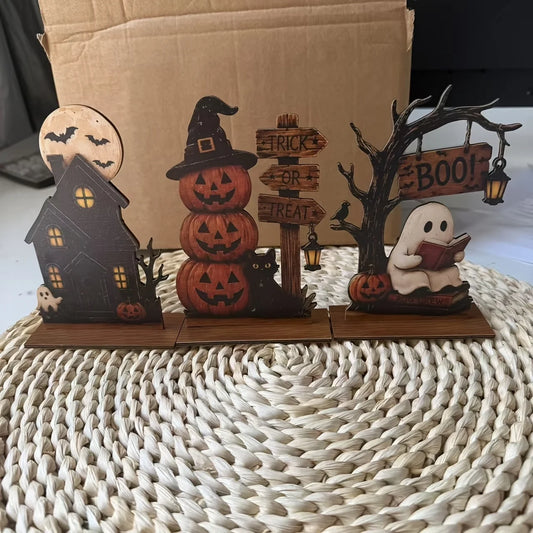 3-Piece vintage Wooden Halloween Indoor Decor Set, Including Black Cat, Pumpkin and Other Elements, Halloween Gift