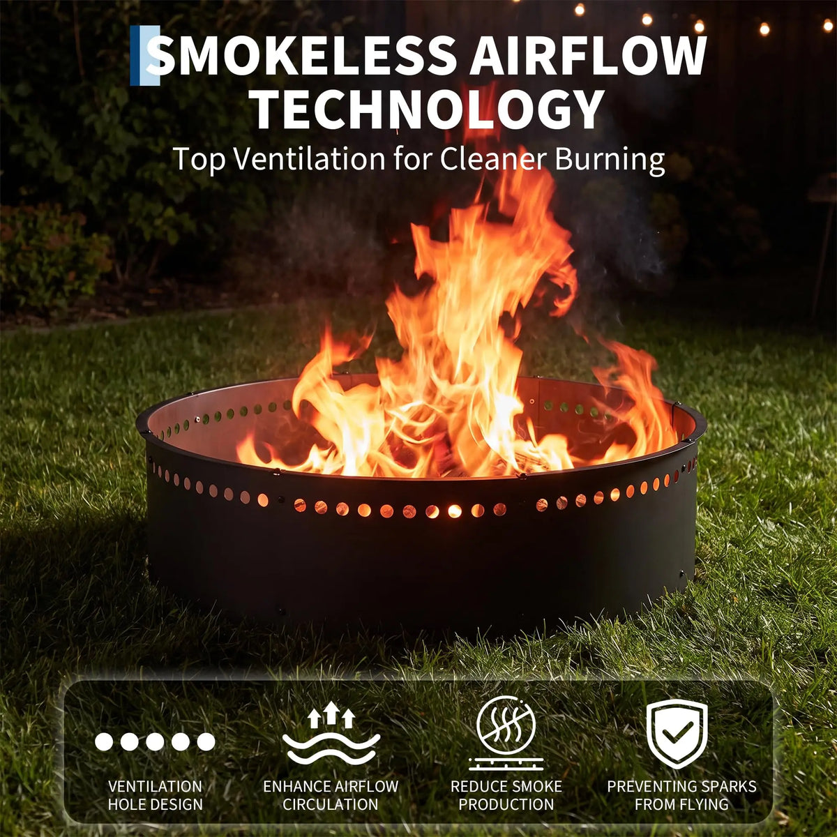 42in Smokeless Fire Pit Ring, Heavy Duty Steel Wood Burning Fire Pit Insert With Mesh Airflow For Patio, Backyard, Camping & DIY Pit Use