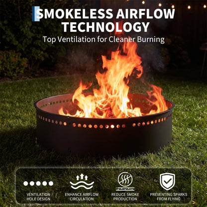 42in Smokeless Fire Pit Ring, Heavy Duty Steel Wood Burning Fire Pit Insert With Mesh Airflow For Patio, Backyard, Camping & DIY Pit Use