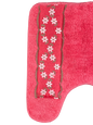 Maya Raspberry contour rug — coral-pink U-shaped toilet surround mat with white embroidered daisy garland border panel closeup on white background