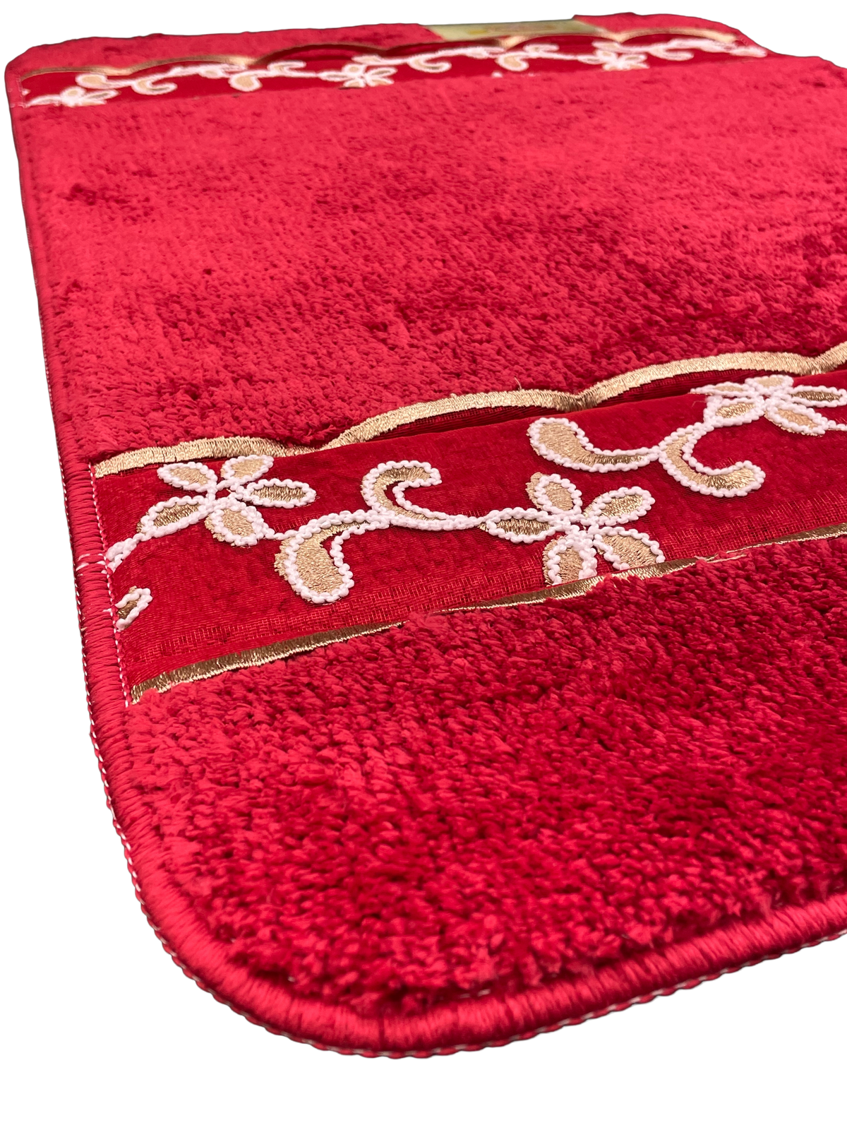 Cassandra Red Bath Rug — Plush Crimson & Gold Embroidered Mat