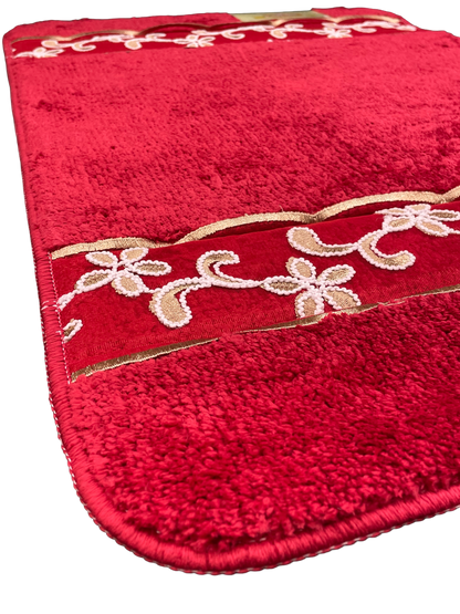 Cassandra Red Bath Rug — Plush Crimson & Gold Embroidered Mat