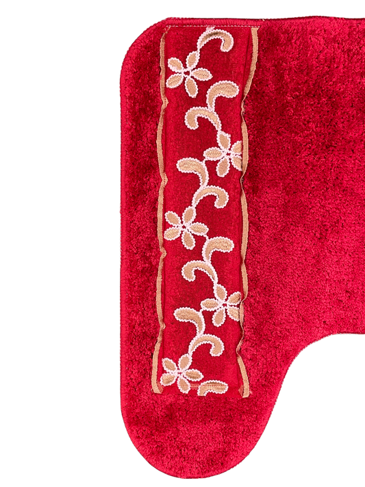 Cassandra Red Bath Rug — Plush Crimson & Gold Embroidered Mat