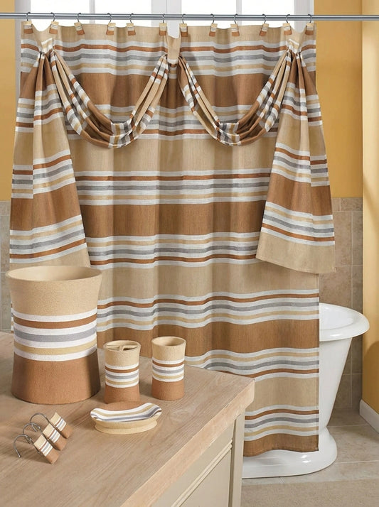 Ivanna Shower Curtain — Modern Stripe Woven Luxury Fabric Panel with Valance & Hooks