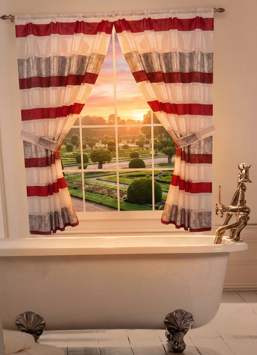 Venezia Red window curtain — crimson red and silver bamboo stripe panel with tie-backs framing garden sunset view over clawfoot tub