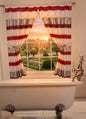 Venezia Red window curtain — crimson red and silver bamboo stripe panel with tie-backs framing garden sunset view over clawfoot tub
