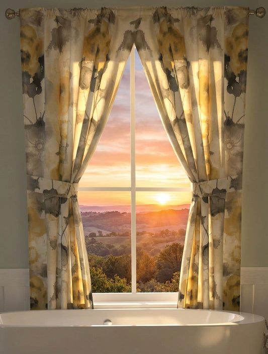 Judy Shower Curtain Gold — warm golden and amber botanical floral swag valance panel in elegant bathroom with matching gold accessories and sunflowers on vanity