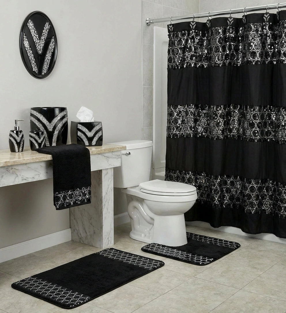 Sinatra Silver shower curtain — cool silver-grey fabric with brilliant silver sequin medallion embroidery bands and coordinating silver mosaic accessories, towels and rugs in full bathroom lifestyle