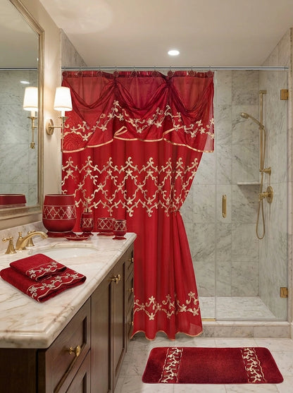 Cassandra Red Shower Curtain — Opulent Trellis & Gold Embroidery