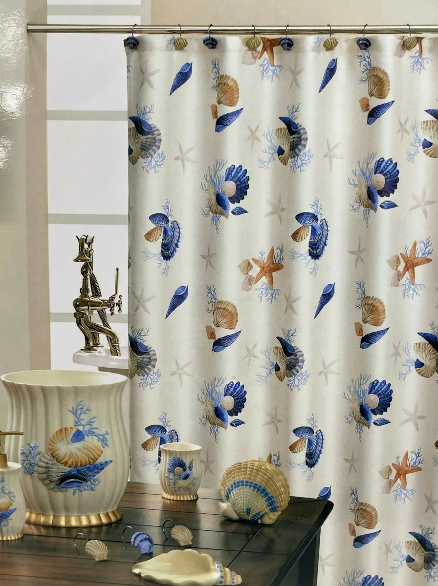 Spa Shell bath rug — ivory plush with starfish and coral woven center panel and navy stripe, styled in coastal bathroom with rugs and accessories