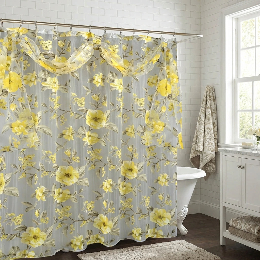 Melrose Shower Curtain — Botanical Floral Embroidered Sheer Luxury Panel with Cherry Blossom Motif