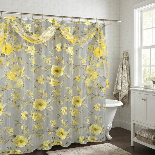Melrose Shower Curtain — Botanical Floral Embroidered Sheer Luxury Panel with Cherry Blossom Motif