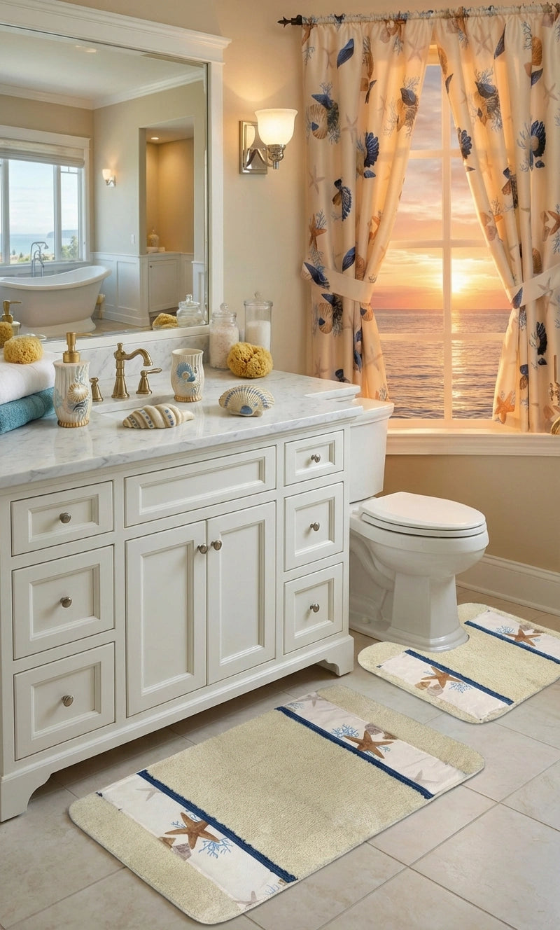 Spa Shell shower curtain — ivory with blue seashells, starfish and coral print, styled in coastal bathroom with accessories set on dark vanity