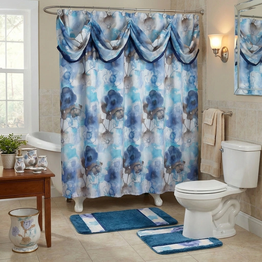 Judy Shower Curtain — Romantic Botanical Floral Luxury Fabric Panel with Swag Valance