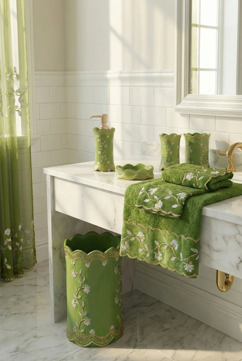 Chateau Green full bathroom styled — sage green window curtain, accessories, towels, rugs and bath at golden sunset