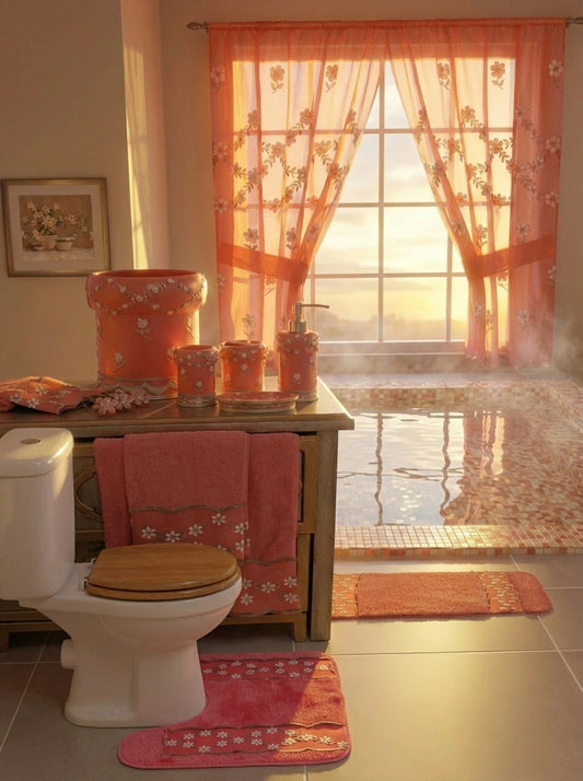 Maya Aqua full bathroom lifestyle — teal embroidered window curtain with aqua ceramic accessories on dresser, towels and bath rug beside clawfoot tub at golden sunset