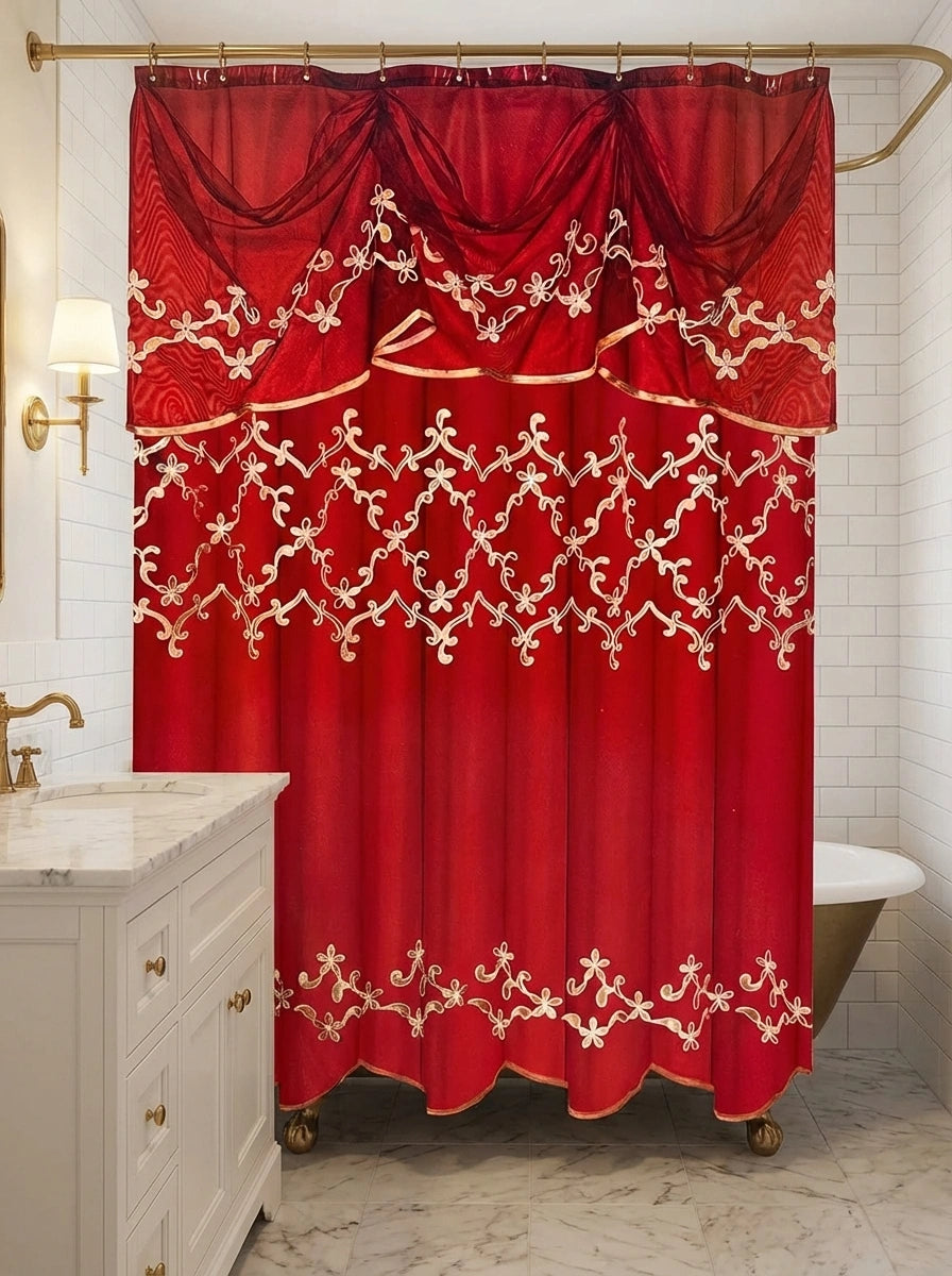 Cassandra Red Shower Curtain — Opulent Trellis & Gold Embroidery
