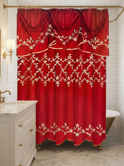Cassandra Red Shower Curtain — Opulent Trellis & Gold Embroidery