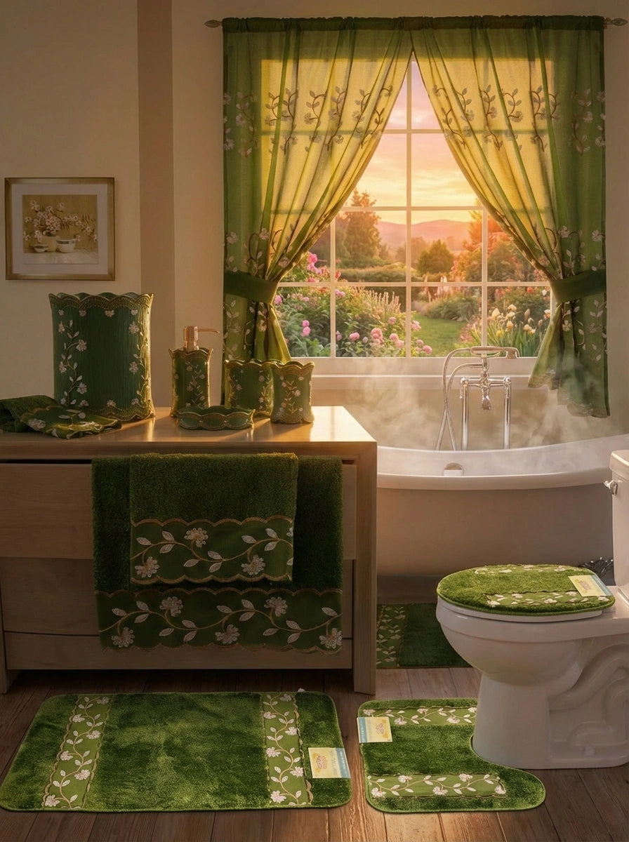 Chateau Green shower curtain — rich sage green with white floral embroidery, layered valance and gold trim, styled in classic bathroom with clawfoot tub