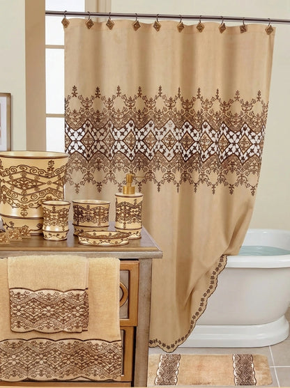 Vivian Beige shower curtain — champagne beige with antique gold baroque lace embroidered border, hung beside matching rugs, towels and accessories in warm-toned bathroom