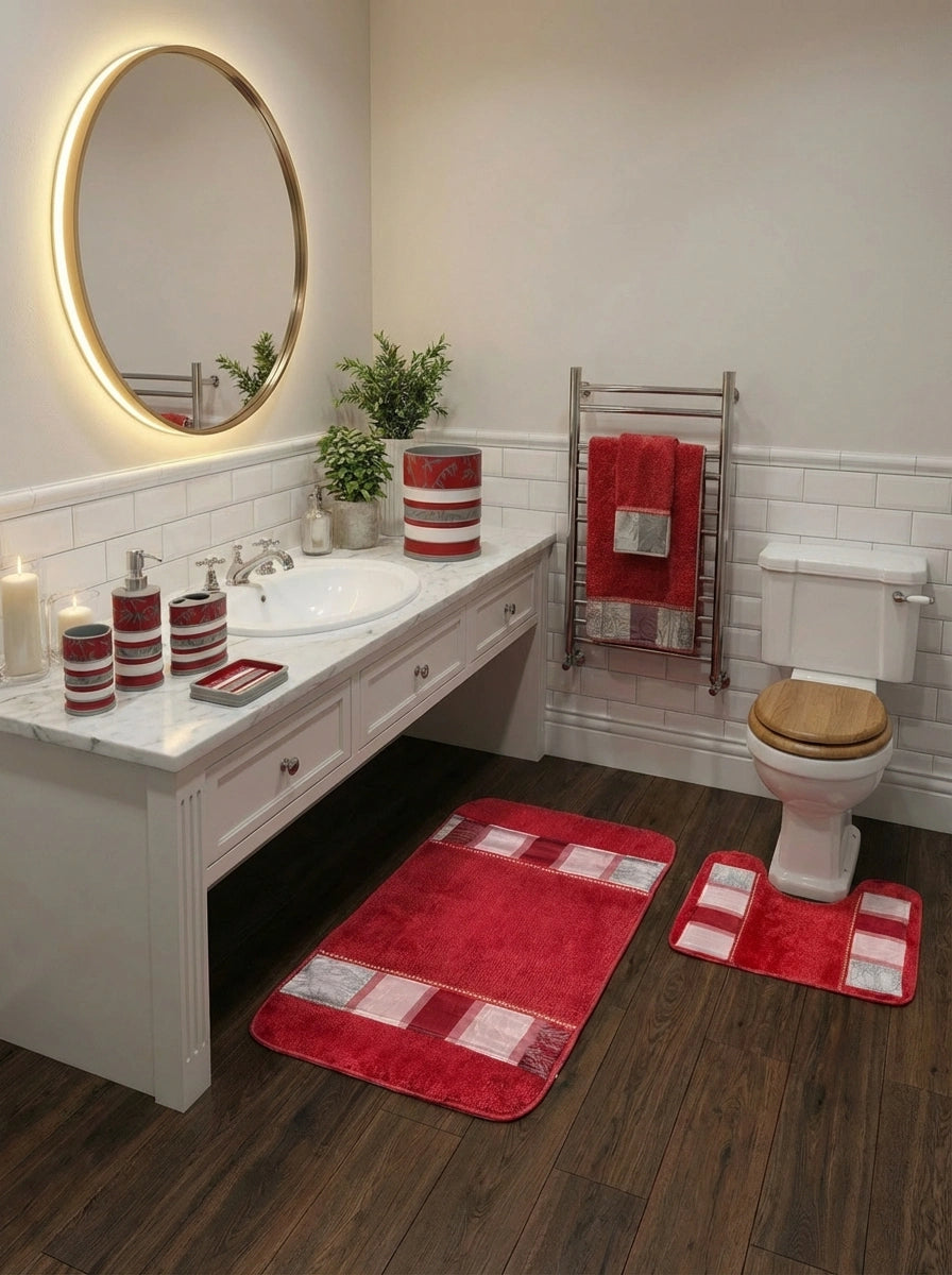Venezia Red shower curtain — bold red, silver and white horizontal bamboo stripe panel with valance, styled beside matching accessories set