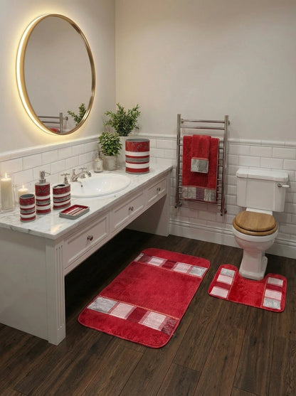 Venezia Red shower curtain — bold red, silver and white horizontal bamboo stripe panel with valance, styled beside matching accessories set