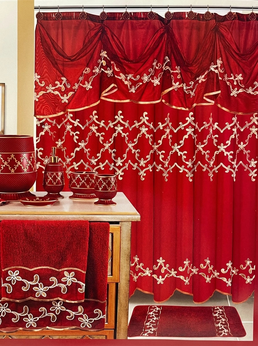 Cassandra Red shower curtain — full view of ornate gold embroidered trellis pattern on rich red fabric with scalloped trim and accessories