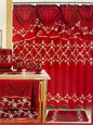 Cassandra Red shower curtain — full view of ornate gold embroidered trellis pattern on rich red fabric with scalloped trim and accessories