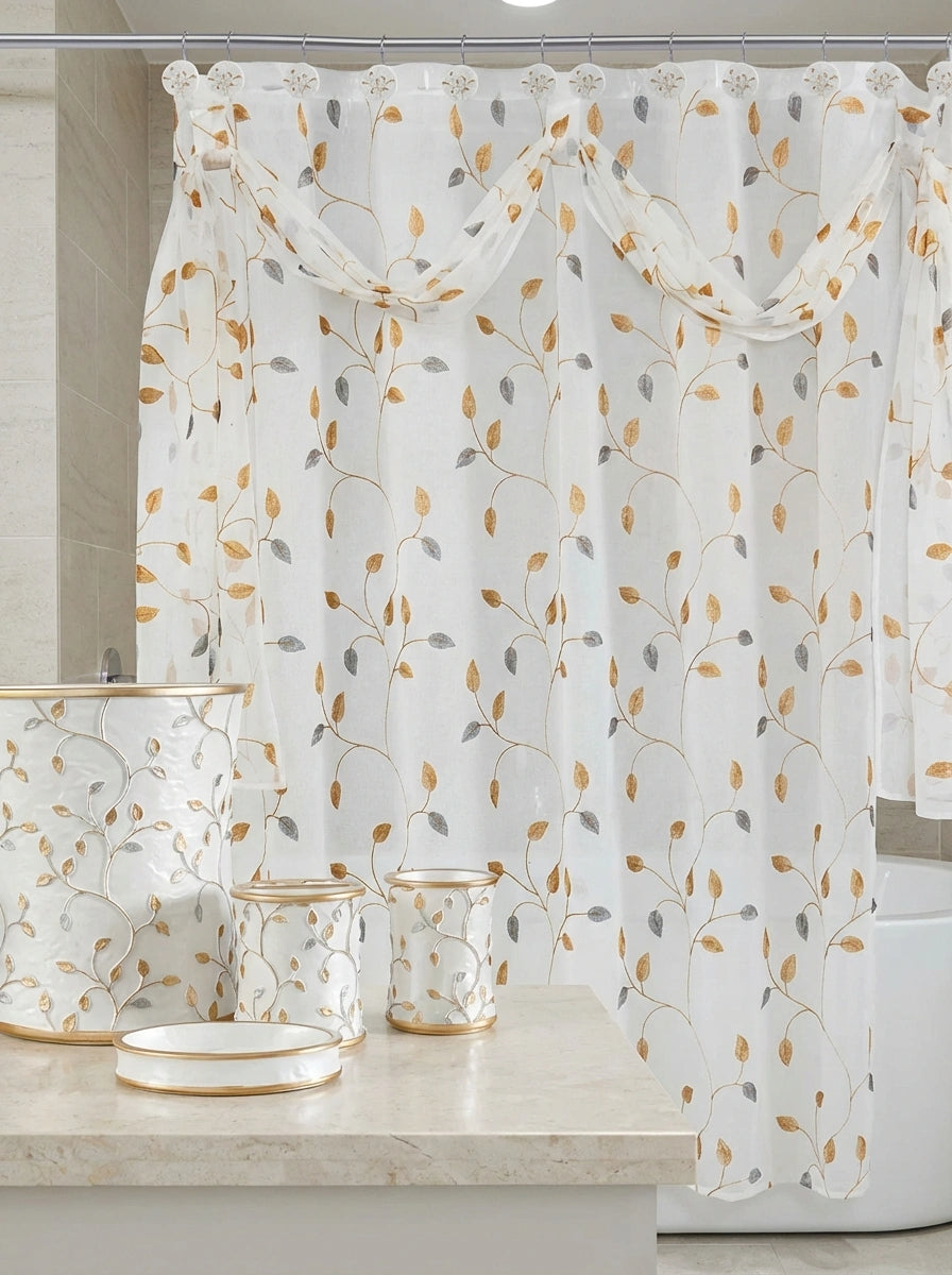 Birch Embroidered Shower Curtain — Sheer Leaf & Vine Design