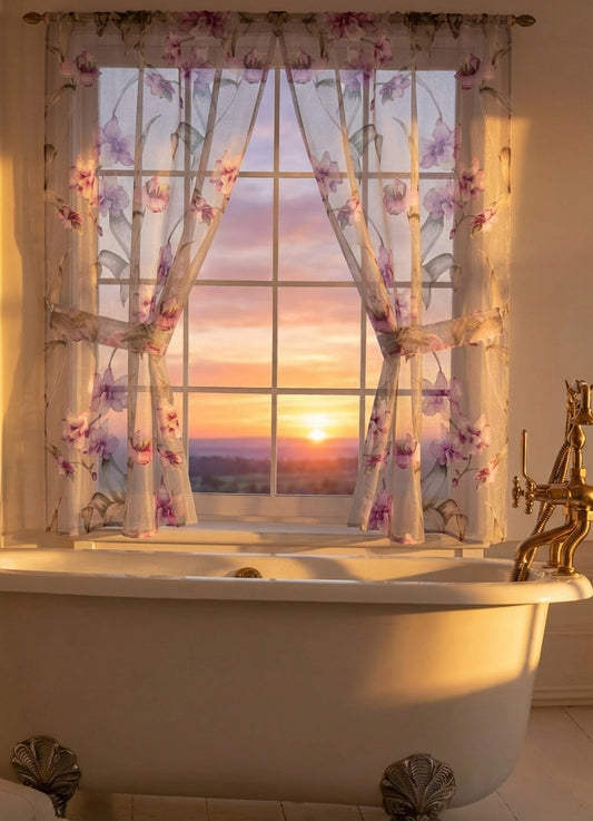 Lily Purple Window Curtain — Romantic Orchid Blossom Floral Sheer Panel