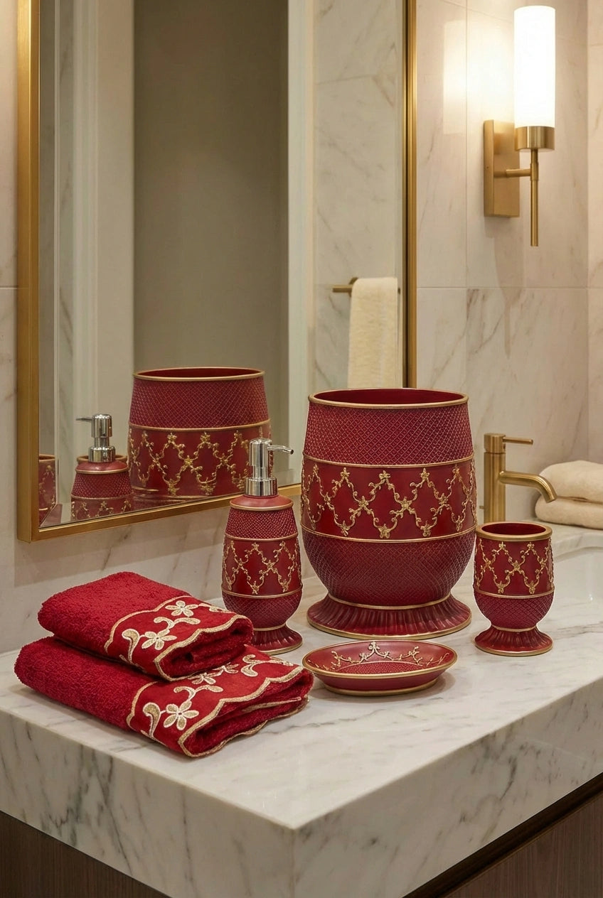 Cassandra Red 5-piece vanity set — full collection on marble countertop with gold fixtures and crimson towels