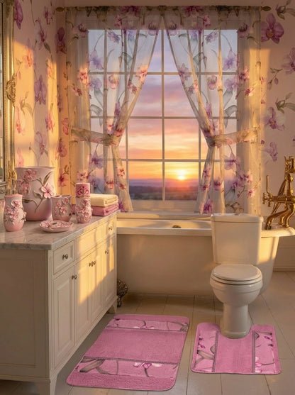 Lily Purple accessories set close-up — waste basket, lotion dispenser, toothbrush holder, tumbler and soap dish with 3D orchid blossom and silver leaf detail on peach background