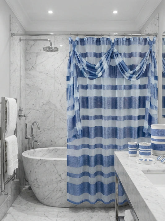 Marquis Shower Curtain — Hammered Metallic Stripe Luxury Fabric Panel with Valance