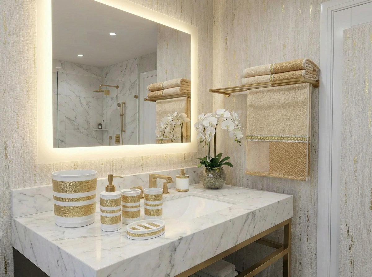 Marquis Complete Bathroom Bundle — Full 10-Piece Hammered Metallic Stripe Luxury Collection