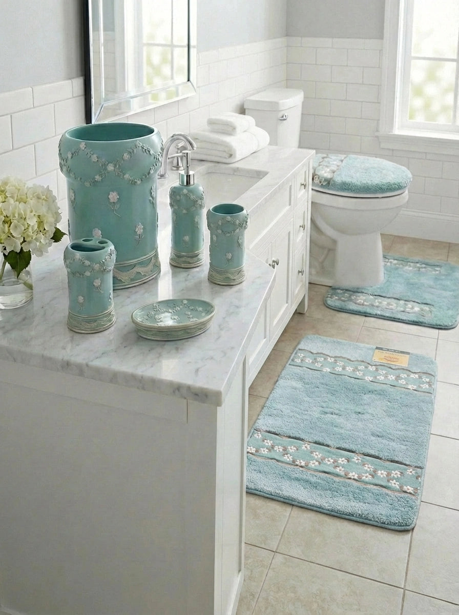 Maya Complete Bathroom Bundle — Full 10-Piece Embroidered Floral Garland Luxury Collection