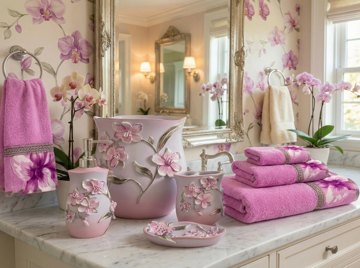 Lily Purple full bathroom — orchid blossom shower curtain beside tub at golden sunset, with matching bath rugs, accessories on vanity and window curtain