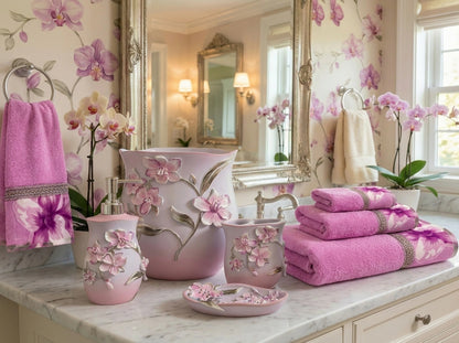 Lily Purple full bathroom — orchid blossom shower curtain beside tub at golden sunset, with matching bath rugs, accessories on vanity and window curtain